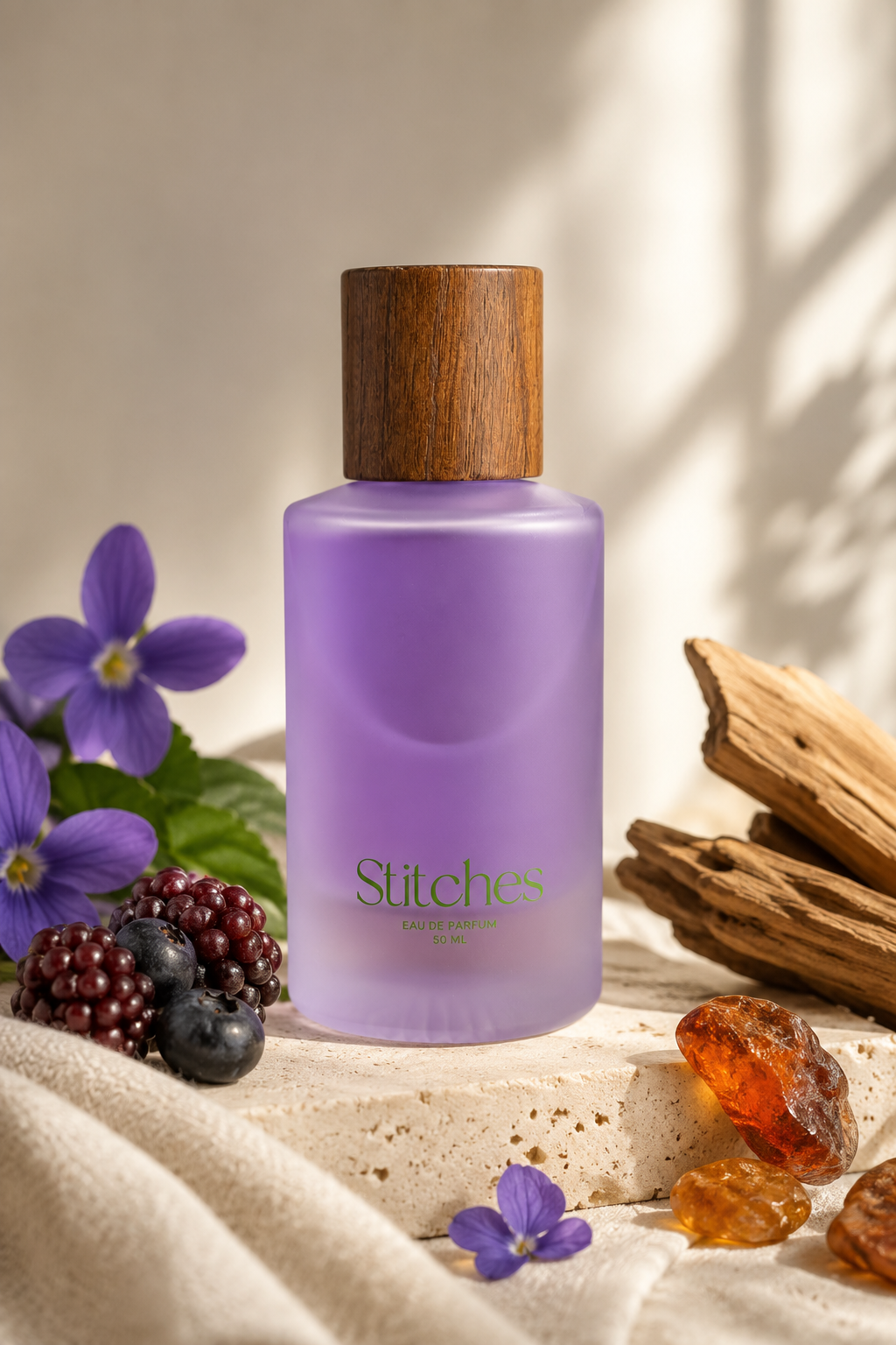 A frosted lavender purple bottle with a natural wood cap, styled on a textured stone surface with purple flowers, berries, amber crystals, and driftwood.