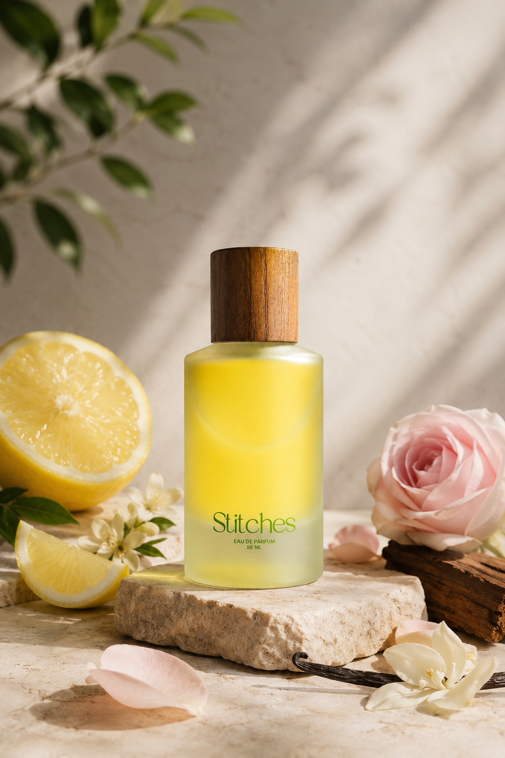 A frosted glass bottle of Stitches Eau de Toilette with a wooden cap, filled with yellow liquid, styled on a stone slab with a lemon, a pink rose, and petals against a sunlit beige background.